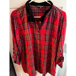 JOHN MARK Red Plaid Velvet Collar Long Sleeve Button Up Tunic Shirt Women XL